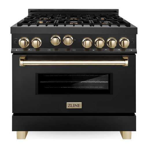 ZLINE Autograph 36 in. Range with Gas Burner and Gas Oven In Black Stainless Steel with Gold Accents RGBZ-36-G