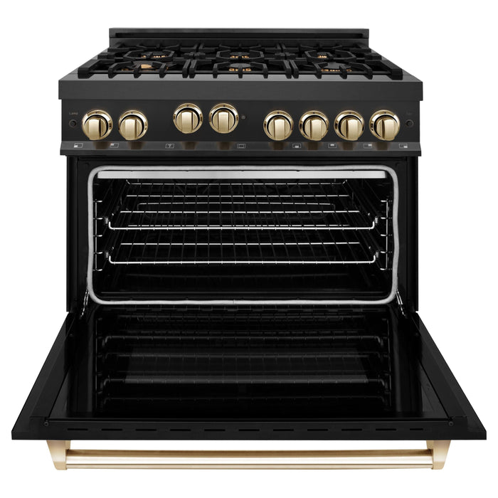 ZLINE Autograph 36 in. Range with Gas Burner and Gas Oven In Black Stainless Steel with Gold Accents RGBZ-36-G