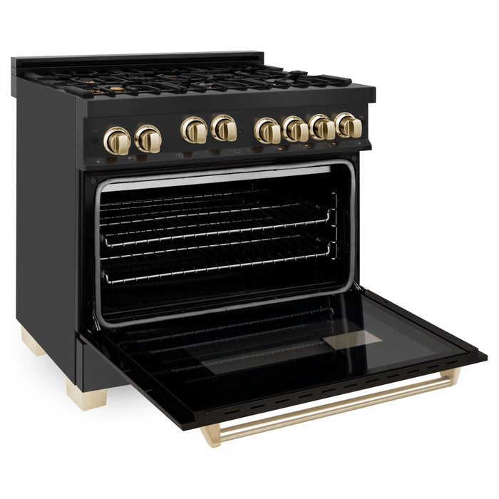 ZLINE Autograph 36 in. Range with Gas Burner and Gas Oven In Black Stainless Steel with Gold Accents RGBZ-36-G