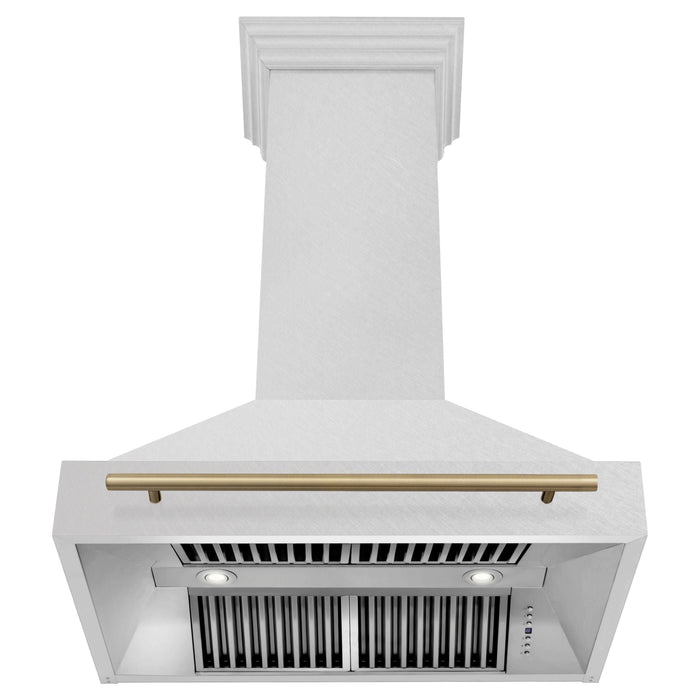 ZLINE Autograph 36 Inch DuraSnow Stainless Steel Range Hood with DuraSnow Shell and Champagne Bronze Handle 8654SNZ-36-CB