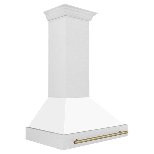 ZLINE Autograph 36 Inch DuraSnow Stainless Steel Range Hood with White Matte Shell and Champagne Bronze Handle 8654SNZ-WM36-CB