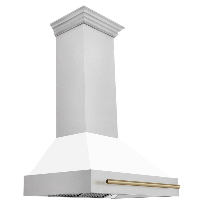 ZLINE Autograph 36 Inch DuraSnow Stainless Steel Range Hood with White Matte Shell and Champagne Bronze Handle 8654SNZ-WM36-CB