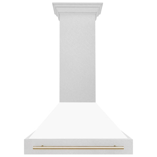 ZLINE Autograph 36 Inch DuraSnow Stainless Steel Range Hood with White Matte Shell and Gold Handle 8654SNZ-WM36-G