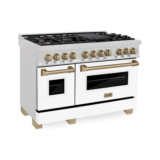 ZLINE Autograph 48 in. 6.0 cu. ft. Range, Gas Stove, Electric Oven In DuraSnow with White Matte Door and Champagne Bronze Accents RASZ-WM-48-CB