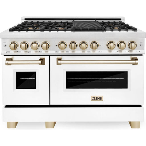 ZLINE Autograph 48 in. 6.0 cu. ft. Range with Gas Stove and Electric Oven In DuraSnow with White Matte Door and Gold Accents RASZ-WM-48-G