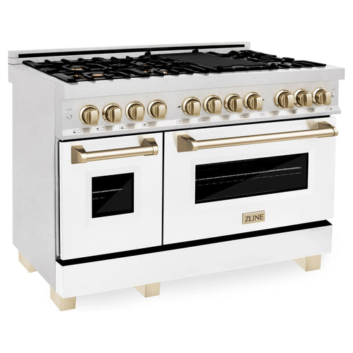 ZLINE Autograph 48 in. 6.0 cu. ft. Range with Gas Stove and Electric Oven In DuraSnow with White Matte Door and Gold Accents RASZ-WM-48-G