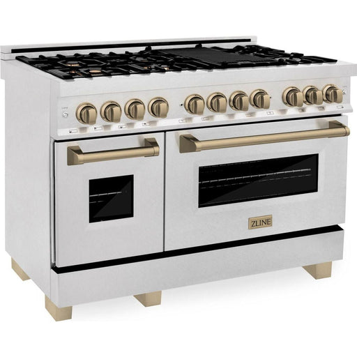 ZLINE Autograph 48 in. Gas Burner, Electric Oven In DuraSnow Stainless Steel with Champagne Bronze Accents RASZ-SN-48-CB