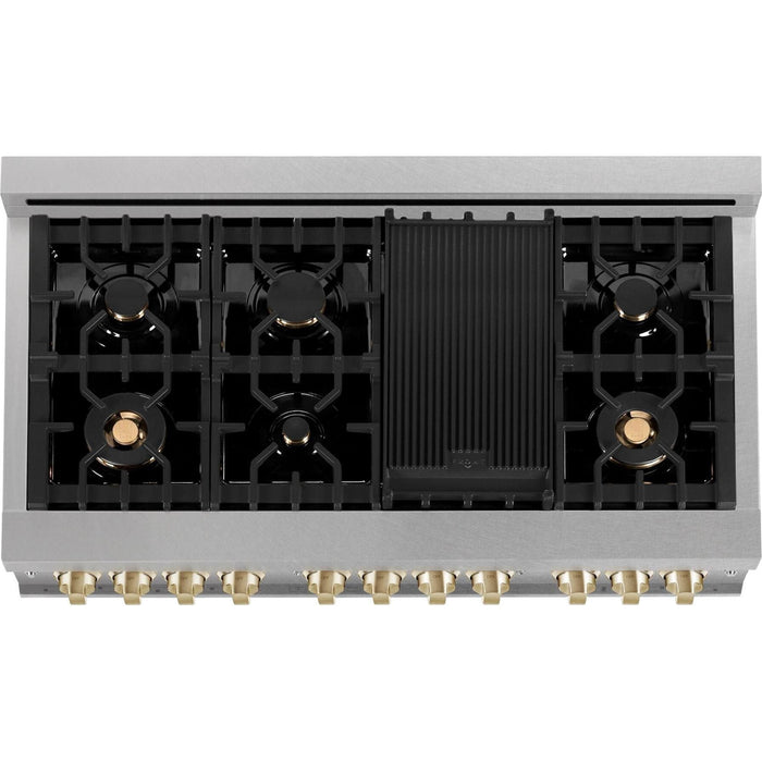 ZLINE Autograph 48 in. Gas Burner, Electric Oven In DuraSnow Stainless Steel with Champagne Bronze Accents RASZ-SN-48-CB