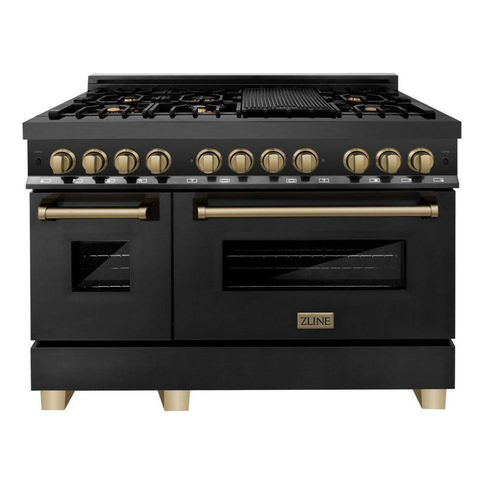 ZLINE Autograph 48 in. Range with Gas Burner and Electric Oven In Black Stainless Steel and Champagne Bronze Accents RABZ-48-CB