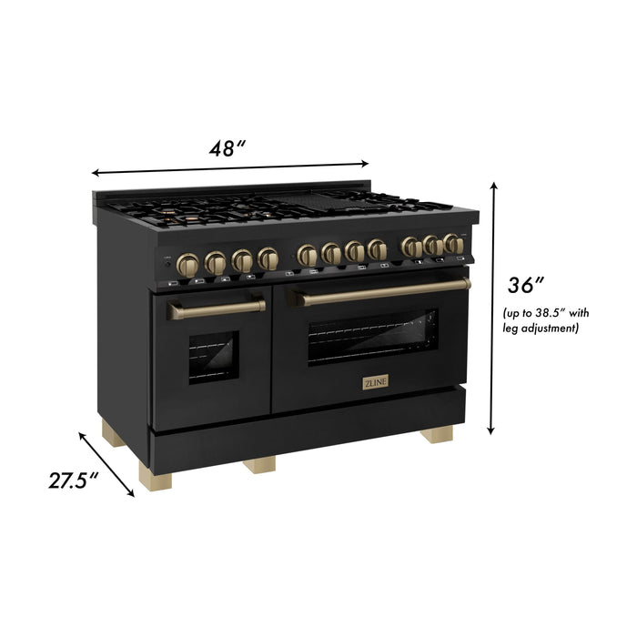 ZLINE Autograph 48 in. Range with Gas Burner and Electric Oven In Black Stainless Steel and Champagne Bronze Accents RABZ-48-CB