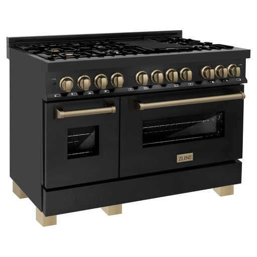 ZLINE Autograph 48 in. Range with Gas Burner and Electric Oven In Black Stainless Steel and Champagne Bronze Accents RABZ-48-CB