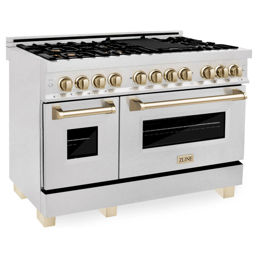 ZLINE Autograph 48 in. Range with Gas Burner and Electric Oven In DuraSnow Stainless Steel with Gold Accents RASZ-SN-48-G