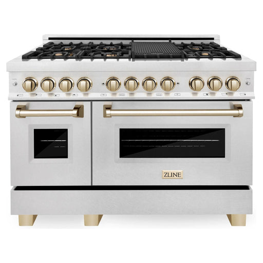 ZLINE Ranges ZLINE Autograph 48 in. Range with Gas Burner and Electric Oven In DuraSnow Stainless Steel with Gold Accents RASZ-SN-48-G