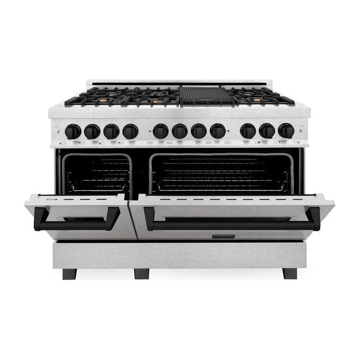 ZLINE Ranges ZLINE Autograph 48 in. Range with Gas Burner and Electric Oven In DuraSnow Stainless Steel with Matte Black Accents RASZ-SN-48-MB