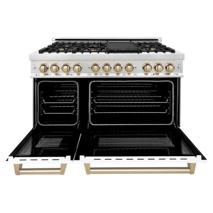 ZLINE Autograph 48 in. Range with Gas Burner and Electric Oven In Stainless Steel and White Matte Door with Gold Accents RAZ-WM-48-G