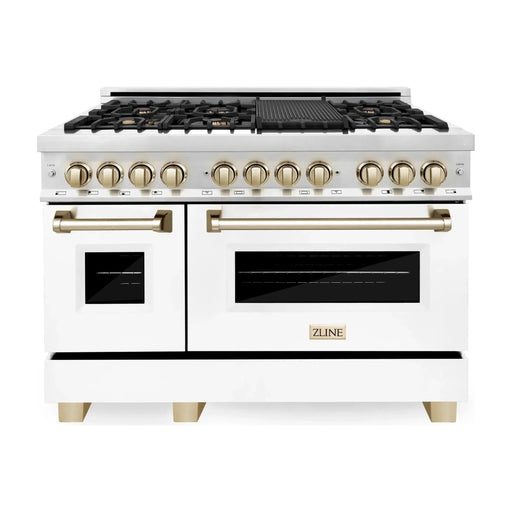 ZLINE Autograph 48 in. Range with Gas Burner and Electric Oven In Stainless Steel and White Matte Door with Gold Accents RAZ-WM-48-G