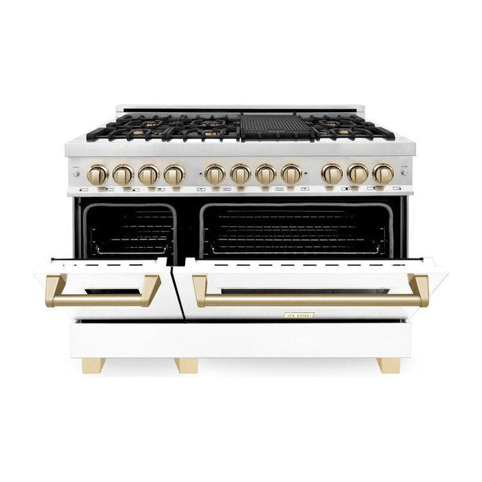 ZLINE Autograph 48 in. Range with Gas Burner and Electric Oven In Stainless Steel and White Matte Door with Gold Accents RAZ-WM-48-G