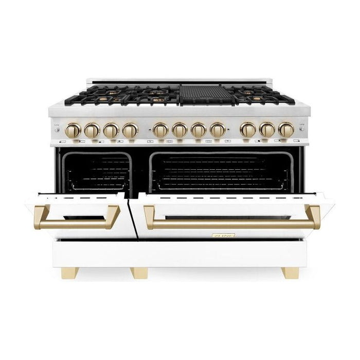 ZLINE Ranges ZLINE Autograph 48 in. Range with Gas Burner and Electric Oven In Stainless Steel and White Matte Door with Gold Accents RAZ-WM-48-G
