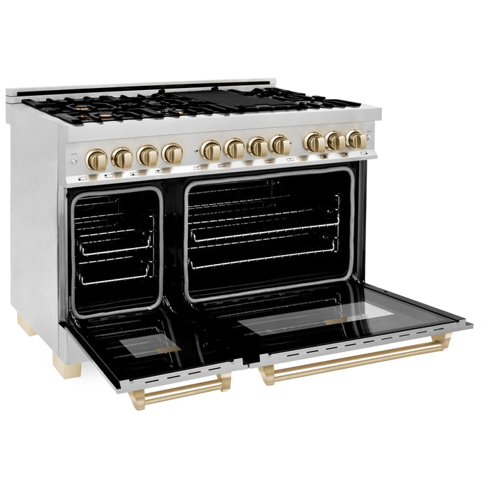 ZLINE Ranges ZLINE Autograph 48 in. Range with Gas Burner and Electric Oven In Stainless Steel with Gold Accents RAZ-48-G