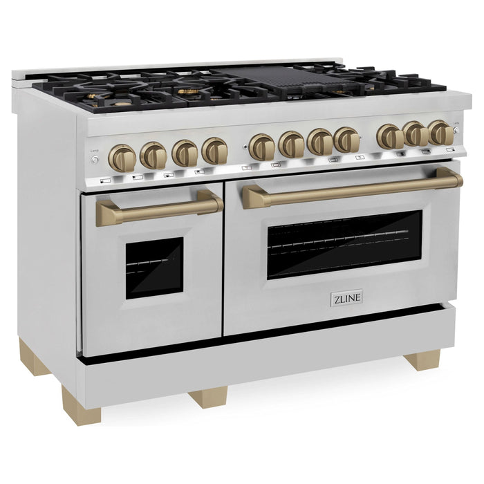 ZLINE Autograph 48 in. Range with Gas Burner, Electric Oven In Stainless Steel with Champagne Bronze Accents RAZ-48-CB