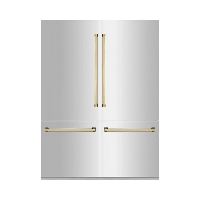 ZLINE Autograph 60 In. 32.2 cu. ft. Built-In 4-Door Refrigerator with Internal Water and Ice Dispenser In Stainless Steel and Gold Accents RBIVZ-304-60-G