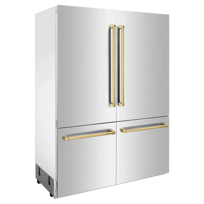 ZLINE Autograph 60 In. 32.2 cu. ft. Built-In 4-Door Refrigerator with Internal Water and Ice Dispenser In Stainless Steel and Gold Accents RBIVZ-304-60-G