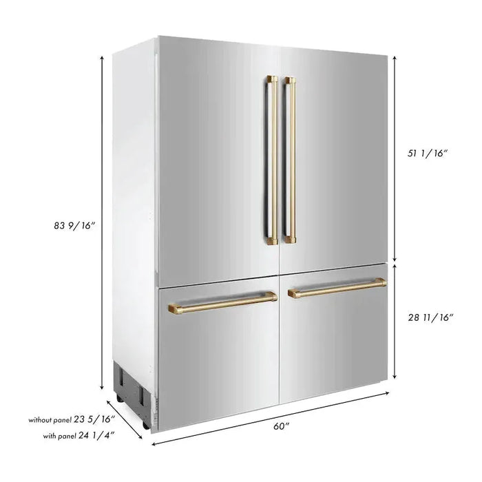 ZLINE Autograph 60 In. 32.2 cu. ft. Built-In 4-Door Refrigerator with Internal Water and Ice Dispenser In Stainless Steel and Gold Accents RBIVZ-304-60-G