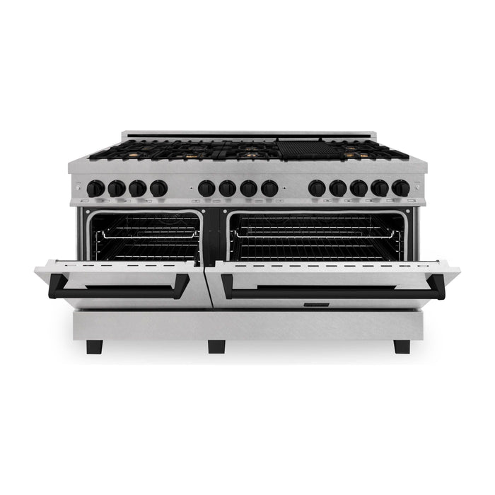 ZLINE Autograph 60 In. 7.4 cu. ft. Dual Fuel Range in DuraSnow® Stainless Steel with Matte Black Accents, RASZ-SN-60-MB