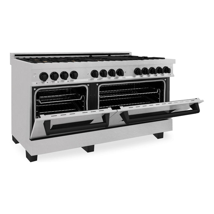 ZLINE Autograph 60 In. 7.4 cu. ft. Dual Fuel Range in DuraSnow® Stainless Steel with Matte Black Accents, RASZ-SN-60-MB