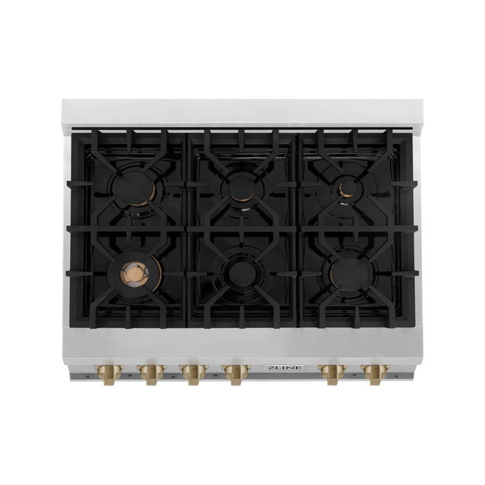 ZLINE Autograph Bronze Package - 36 in. Rangetop, 36 in. Range Hood, Dishwasher, Built-In Refrigerator