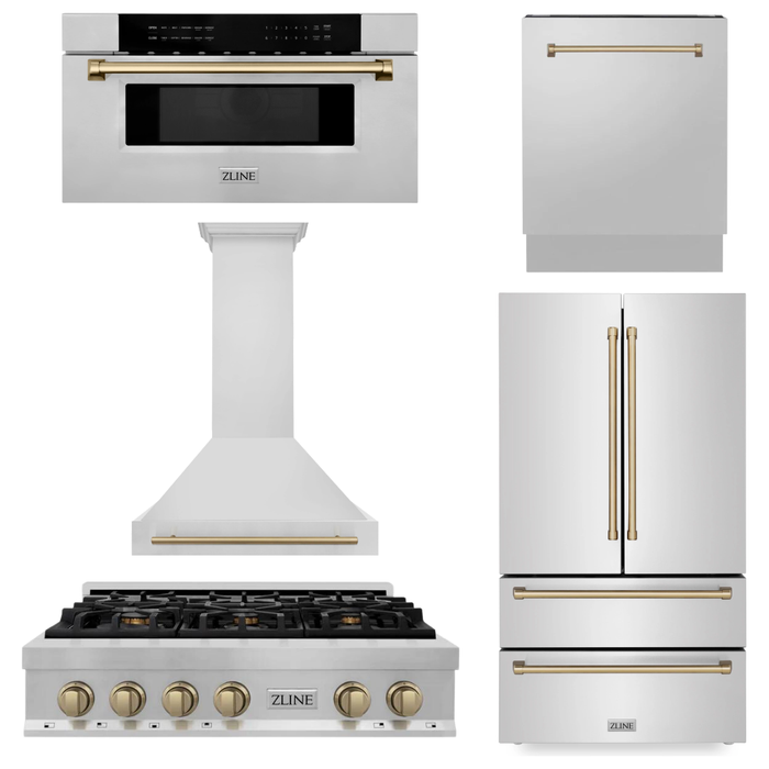 ZLINE Autograph Bronze Package - 36 in. Rangetop, 36 in. Range Hood, Dishwasher, Refrigerator, Microwave Drawer