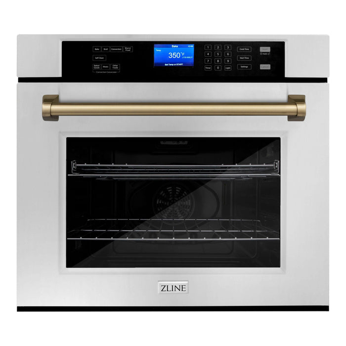 ZLINE Autograph Bronze Package - 36 in. Rangetop, 36 in. Range Hood, Dishwasher, Refrigerator, Microwave Drawer, Wall Oven