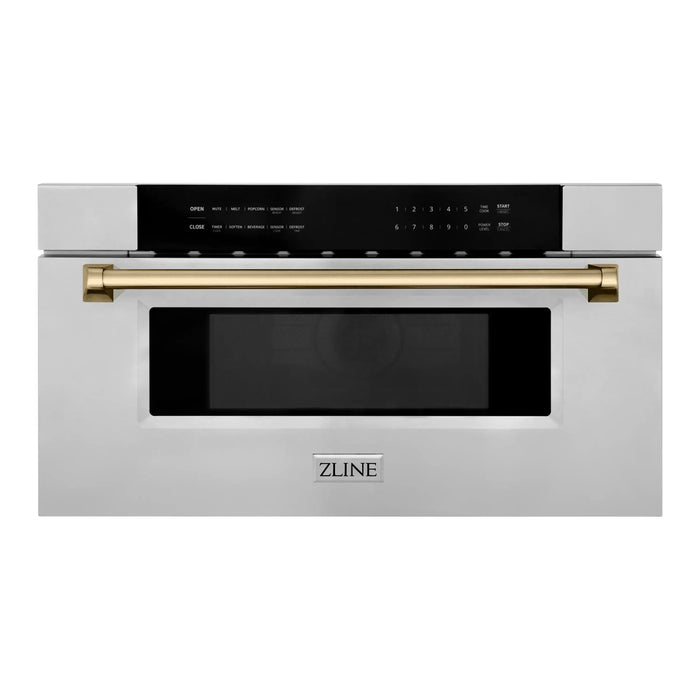 ZLINE Autograph Bronze Package - 36 in. Rangetop, 36 in. Range Hood, Dishwasher, Refrigerator, Microwave Drawer, Wall Oven