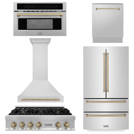 ZLINE Autograph Bronze Package - 36 in. Rangetop, 36 in. Range Hood, Dishwasher, Refrigerator, Microwave Oven