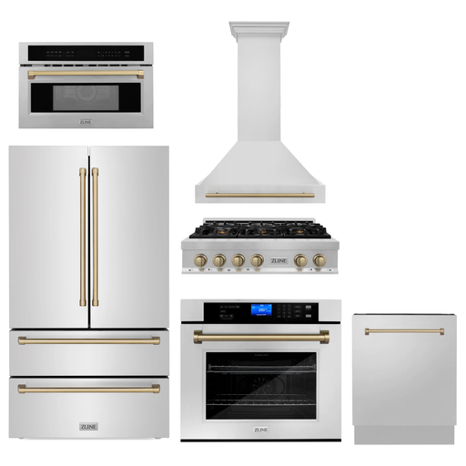 ZLINE Autograph Bronze Package - 36 in. Rangetop, 36 in. Range Hood, Dishwasher, Refrigerator, Microwave Oven, Wall Oven