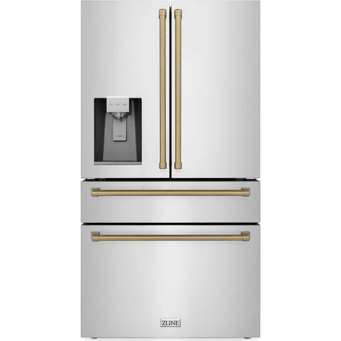 ZLINE Autograph Bronze Package - 36 in. Rangetop, 36 in. Range Hood, Dishwasher, Refrigerator with External Water and Ice Dispenser, Microwave Drawe, Wall Oven