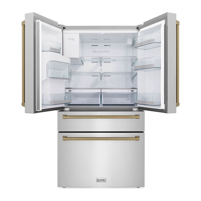 ZLINE Autograph Bronze Package - 36 in. Rangetop, 36 in. Range Hood, Dishwasher, Refrigerator with External Water and Ice Dispenser, Microwave Drawer