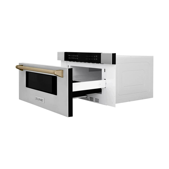 ZLINE Autograph Bronze Package - 36 in. Rangetop, 36 in. Range Hood, Dishwasher, Refrigerator with External Water and Ice Dispenser, Microwave Drawer