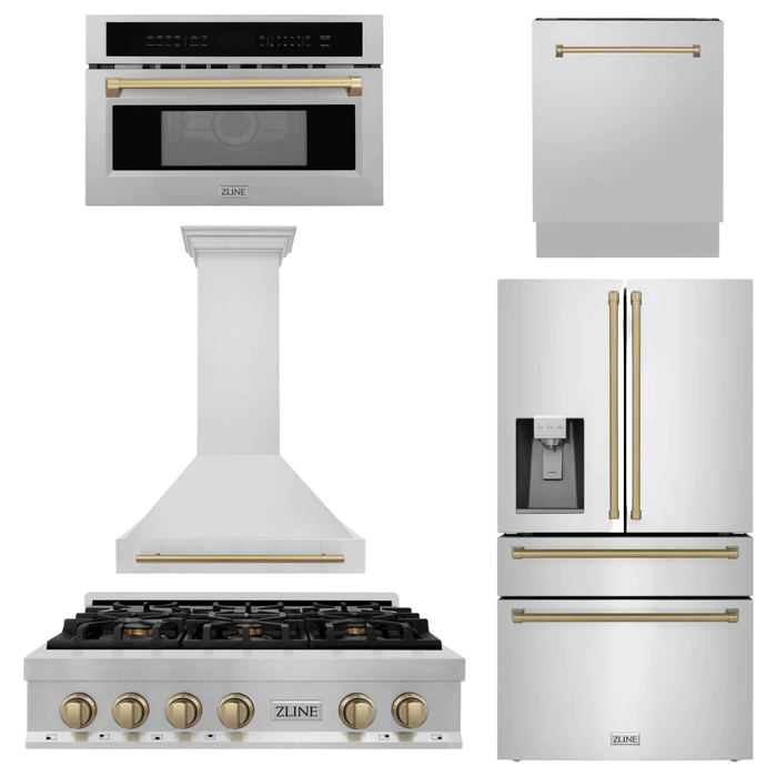 ZLINE Autograph Bronze Package - 36 in. Rangetop, 36 in. Range Hood, Dishwasher, Refrigerator with External Water and Ice Dispenser, Microwave Oven