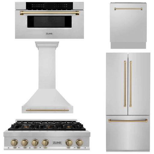 ZLINE Kitchen Appliance Packages ZLINE Autograph Bronze Package - 36" Rangetop, 36" Range Hood, Dishwasher, Built-In Refrigerator, Microwave Drawer