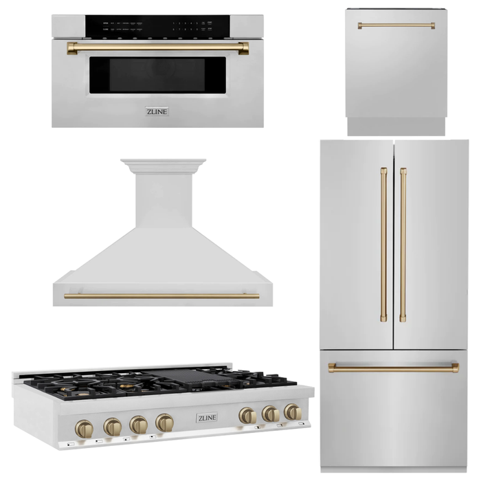 ZLINE Autograph Bronze Package - 48 in. Rangetop, 48 in. Range Hood, Dishwasher, Built-In Refrigerator, Microwave Drawer