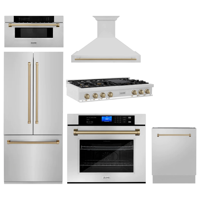 ZLINE Autograph Bronze Package - 48 in. Rangetop, 48 in. Range Hood, Dishwasher, Built-In Refrigerator, Microwave Drawer, Wall Oven