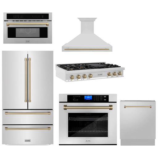 ZLINE Autograph Bronze Package - 48 in. Rangetop, 48 in. Range Hood, Dishwasher, Refrigerator, Microwave Oven, Wall Oven