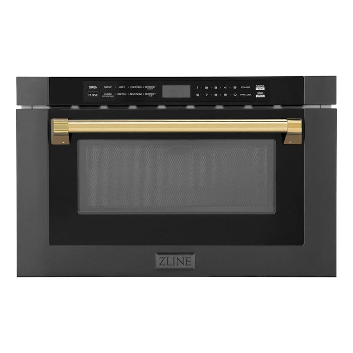 ZLINE Autograph Edition 24" 1.2 cu. ft. Built-in Microwave Drawer in Black Stainless Steel and Gold Accents, MWDZ-1-BS-H-G