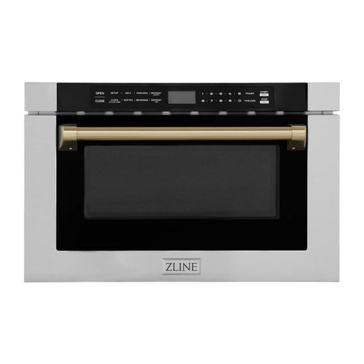 ZLINE Microwaves ZLINE Autograph Edition 24" 1.2 cu. ft. Built-in Microwave Drawer with a Traditional Handle in Stainless Steel and Champagne Bronze Accents, MWDZ-1-H-CB