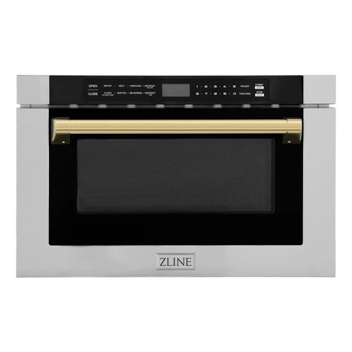 ZLINE Autograph Edition 24" 1.2 cu. ft. Built-in Microwave Drawer with a Traditional Handle In Stainless Steel and Gold Accents MWDZ-1-H-G