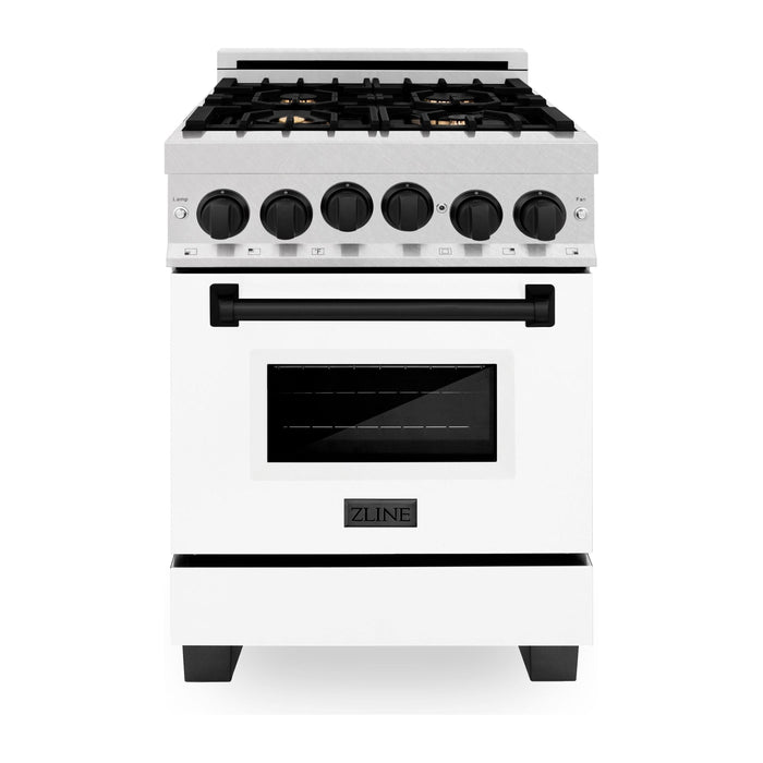 ZLINE Autograph Edition 24 in. Range with Gas Burner and Gas Oven in DuraSnow® Stainless Steel with White Matte Door and Matte Black Accents, RGSZ-WM-24-MB