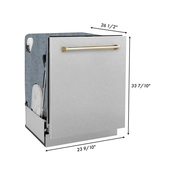 ZLINE Autograph Edition 24 in. Tall Dishwasher, Touch Control in DuraSnow® Stainless Steel with Gold Handle, DWMTZ-SN-24-G