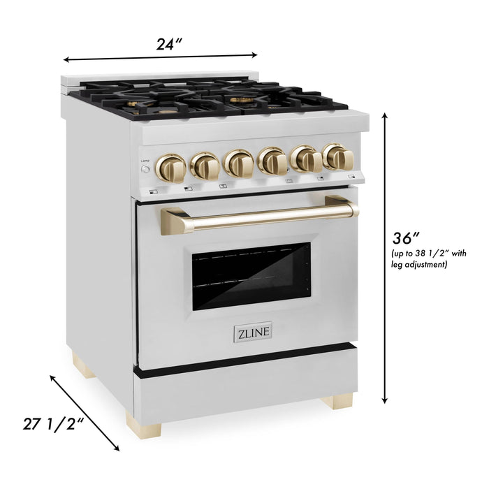 ZLINE Ranges ZLINE Autograph Edition 24-Inch 2.8 cu. ft. Dual Fuel Range with Gas Stove and Electric Oven in Stainless Steel with Gold Accents (RAZ-24-G)