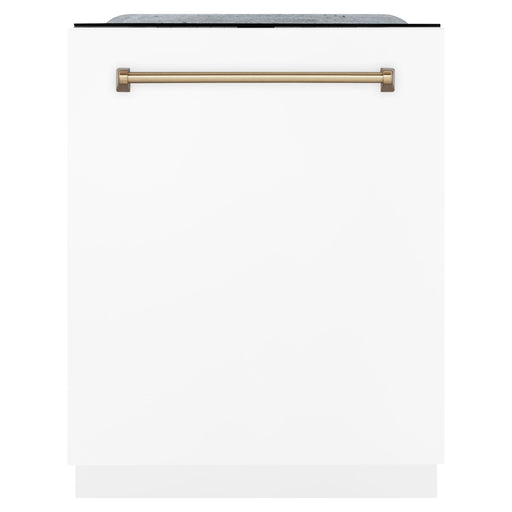 ZLINE Autograph Edition 24 inch Tall Dishwasher, Touch Control, in White Matte with Champagne Bronze Handle, DWMTZ-WM-24-CB